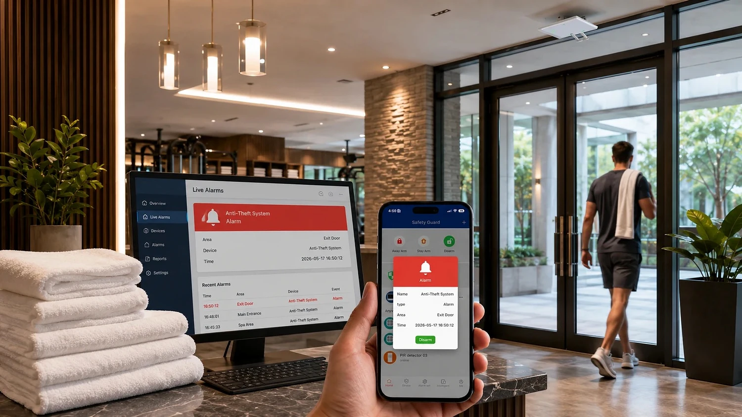 towel anti-theft planning: Mobile staff alerts and local event notifications for tagged towel exit monitoring