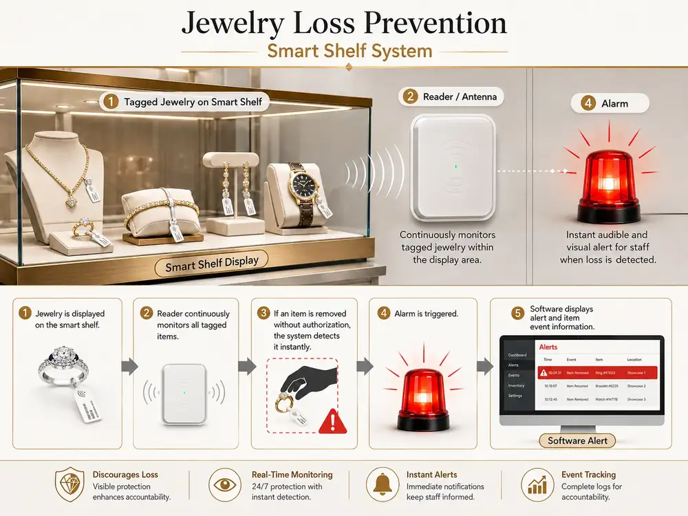 how to inventory a jewelry business: Jewelry inventory smart shelf workflow with monitored display, alarm and software event tracking